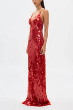 Kira Allover Sequin V-Neck Column Maxi Dress for Women - Red