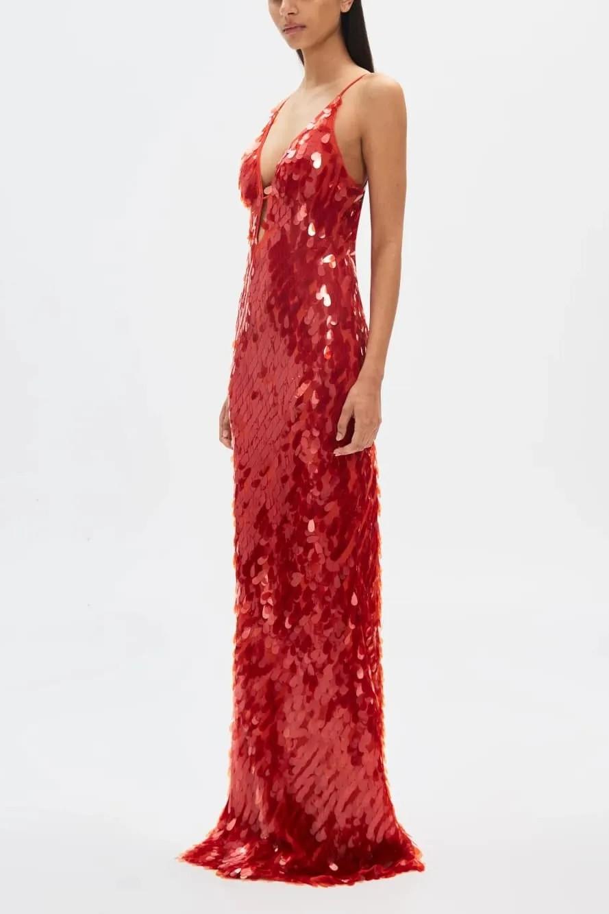 Kira Allover Sequin V-Neck Column Maxi Dress for Women - Red