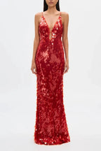 Kira Allover Sequin V-Neck Column Maxi Dress for Women - Red