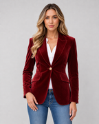 Lila Solid Velvet Button Front Collared Blazer - Red