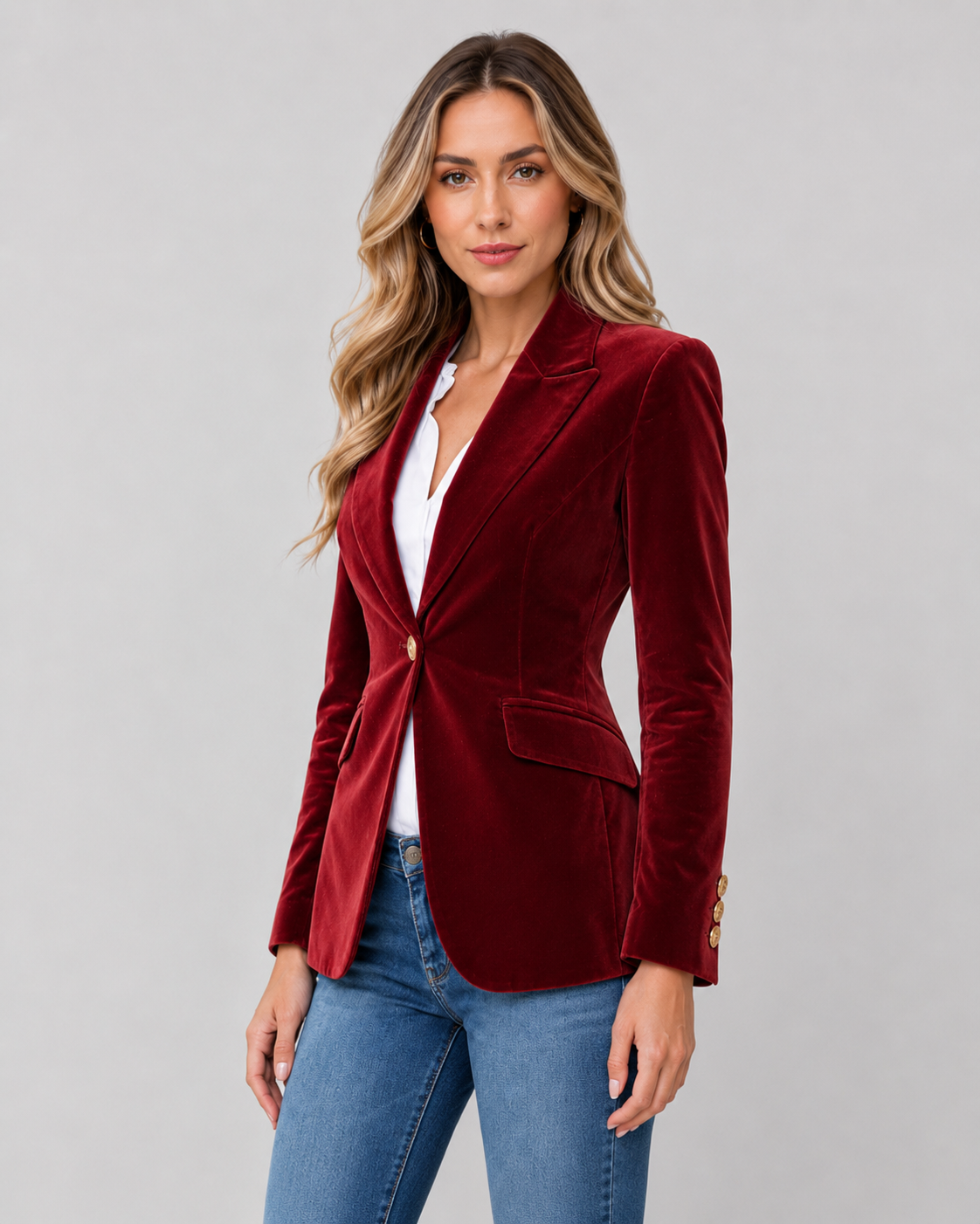 Lila Solid Velvet Button Front Collared Blazer - Red