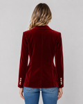 Lila Solid Velvet Button Front Collared Blazer - Red