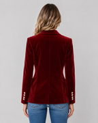 Lila Solid Velvet Button Front Collared Blazer - Red