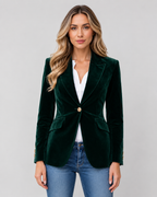 Lila Solid Velvet Button Front Collared Blazer - Green