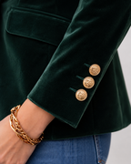 Lila Solid Velvet Button Front Collared Blazer - Green
