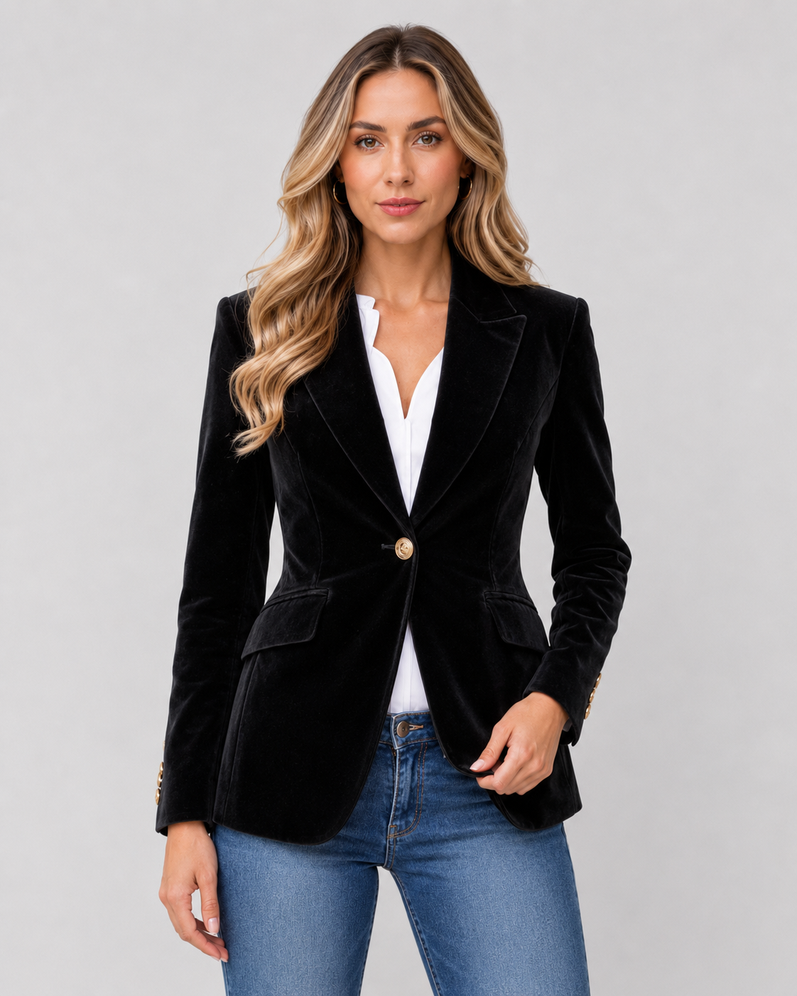 Lila Solid Velvet Button Front Collared Blazer - Black