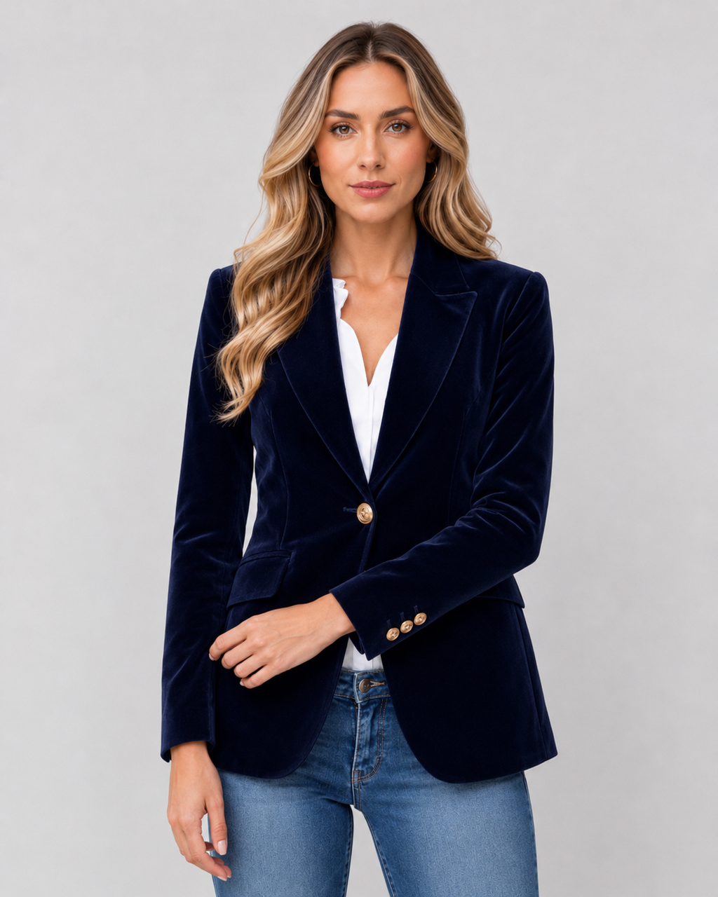 Lila Solid Velvet Button Front Collared Blazer - Navy