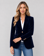 Lila Solid Velvet Button Front Collared Blazer - Navy