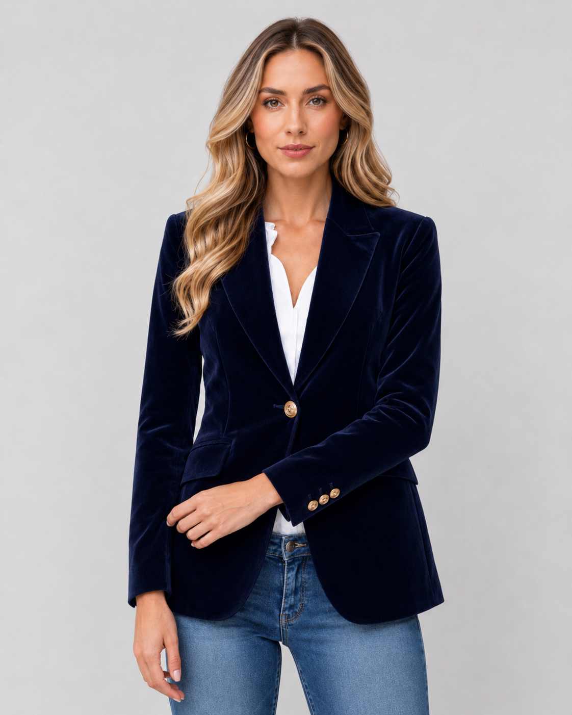 Lila Solid Velvet Button Front Collared Blazer - Navy