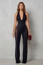 Lorelei Sleeveless Halter Lace Wide-Leg Jumpsuit - Black