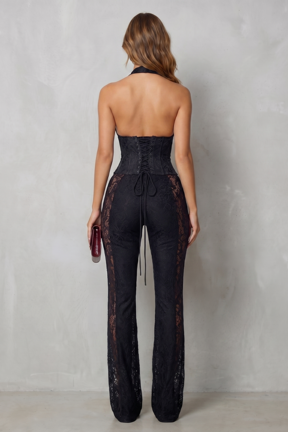Lorelei Sleeveless Halter Lace Wide-Leg Jumpsuit - Black
