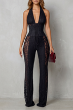 Lorelei Sleeveless Halter Lace Wide-Leg Jumpsuit - Black