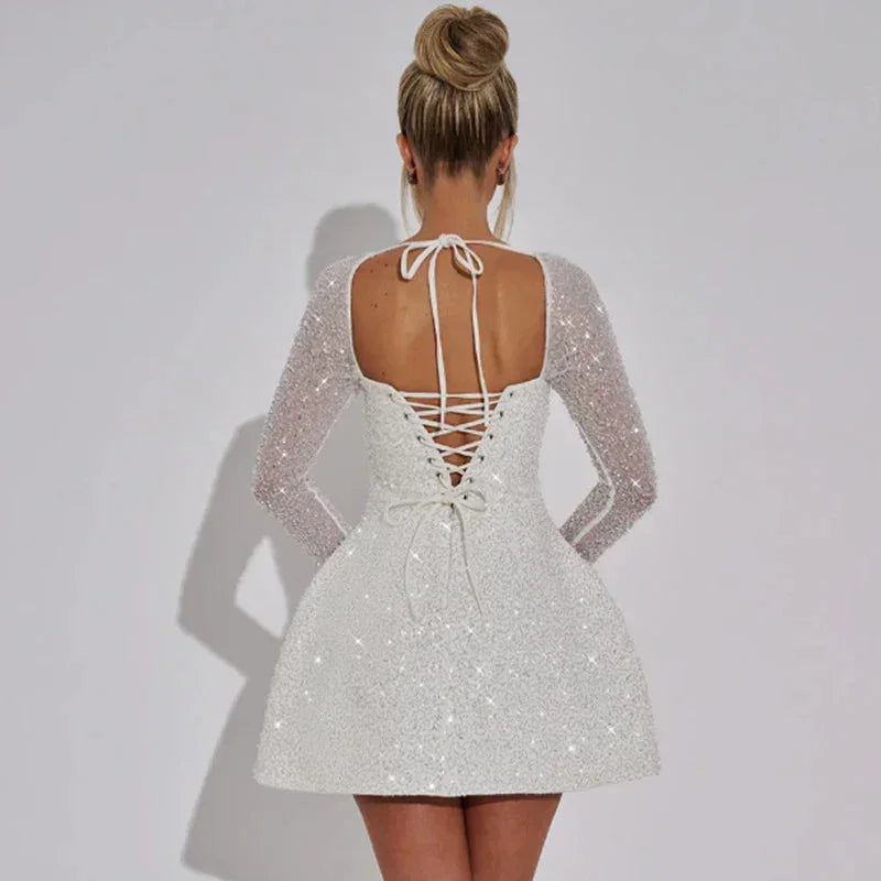 Lumina Square Neck Long Sleeve Sequin Mini Dress - White