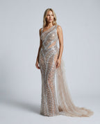 Lyda One Shoulder Draped Sequin Mesh Maxi Dress - Silver