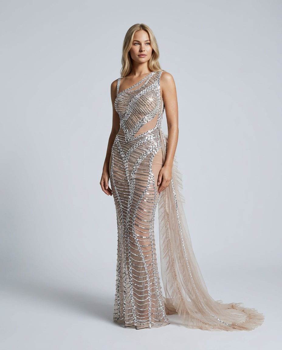 Lyda One Shoulder Draped Sequin Mesh Maxi Dress - Silver