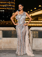 Lyda One Shoulder Draped Sequin Mesh Maxi Dress - Silver