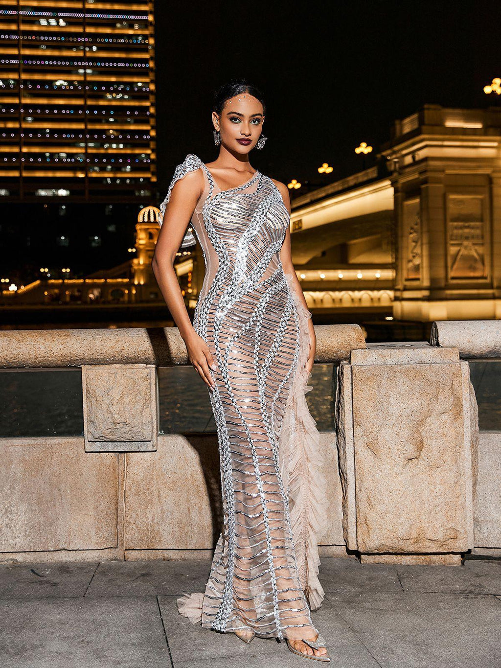 Lyda One Shoulder Draped Sequin Mesh Maxi Dress - Silver