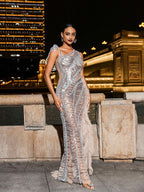 Lyda One Shoulder Draped Sequin Mesh Maxi Dress - Silver