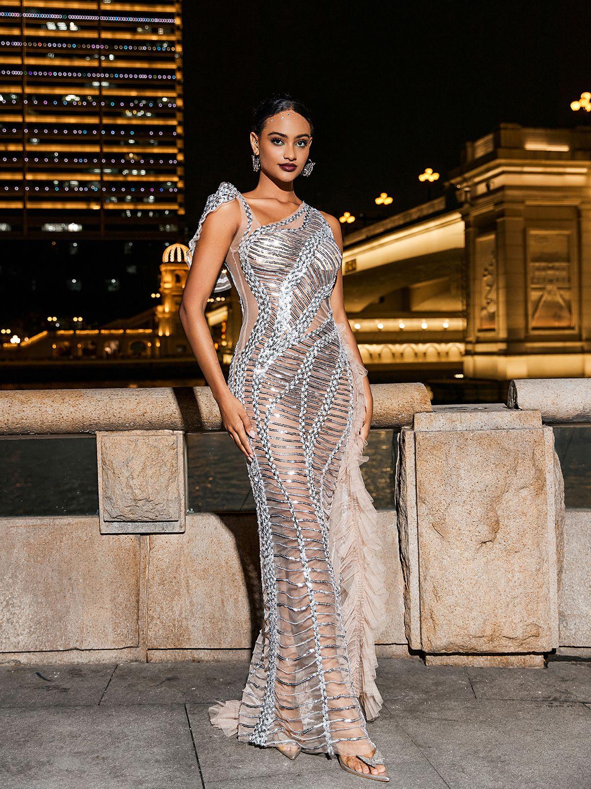 Lyda One Shoulder Draped Sequin Mesh Maxi Dress - Silver