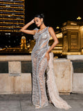 Lyda One Shoulder Draped Sequin Mesh Maxi Dress - Silver