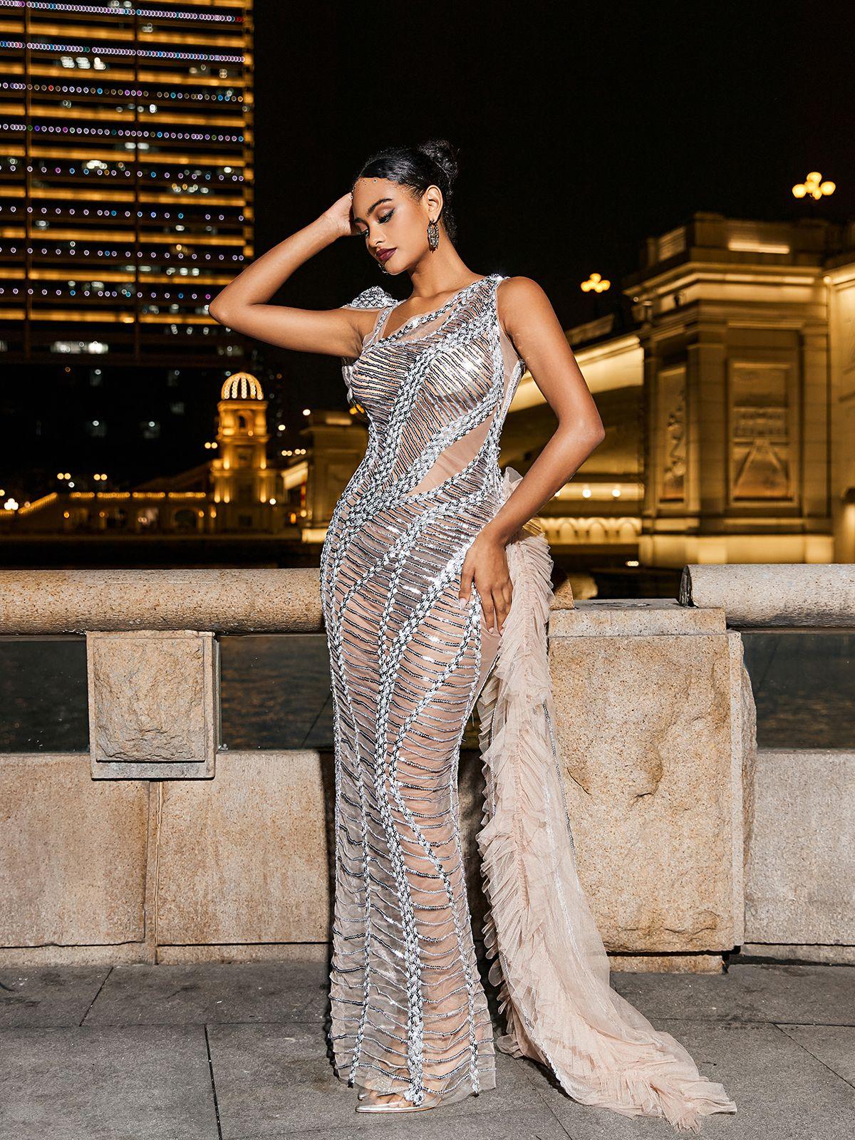 Lyda One Shoulder Draped Sequin Mesh Maxi Dress - Silver