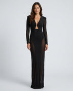 Maeve Black Mesh Ruched V-Neck Slit Maxi Dress - Black
