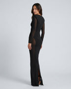 Maeve Black Mesh Ruched V-Neck Slit Maxi Dress - Black