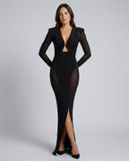 Maeve Black Mesh Ruched V-Neck Slit Maxi Dress - Black