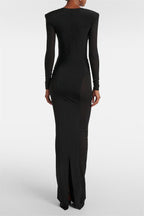 Maeve Black Mesh Ruched V-Neck Slit Maxi Dress - Black