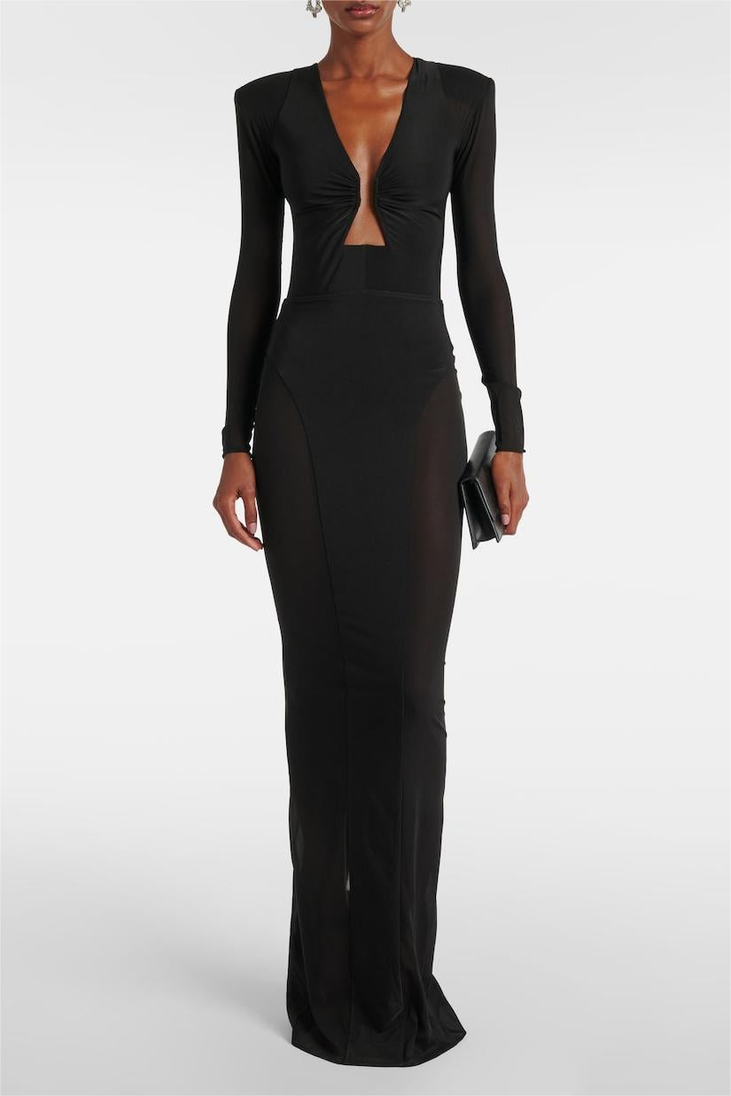 Maeve Black Mesh Ruched V-Neck Slit Maxi Dress - Black