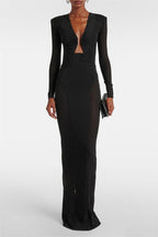 Maeve Black Mesh Ruched V-Neck Slit Maxi Dress - Black