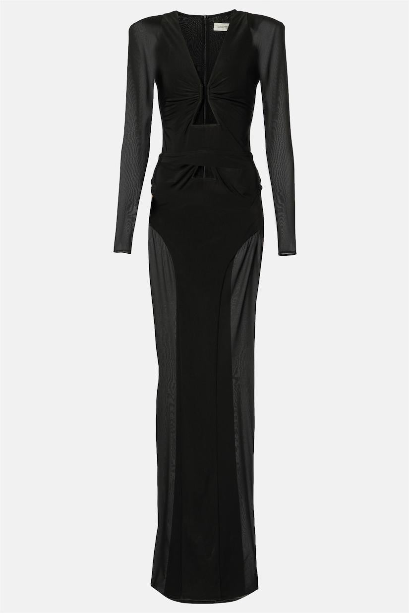 Maeve Black Mesh Ruched V-Neck Slit Maxi Dress - Black