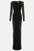 Maeve Black Mesh Ruched V-Neck Slit Maxi Dress - Black
