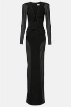 Maeve Black Mesh Ruched V-Neck Slit Maxi Dress - Black