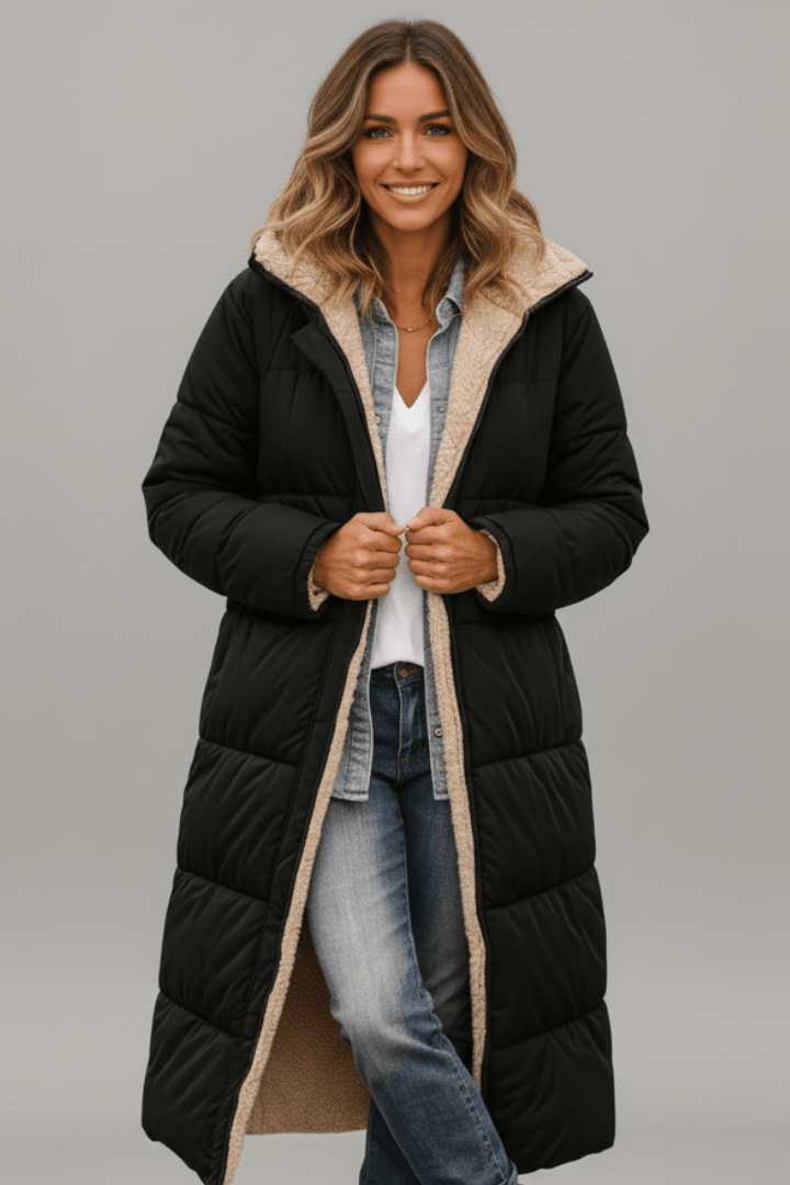 Mariana Solid Longline Open Front Woven Midi Coat - Black