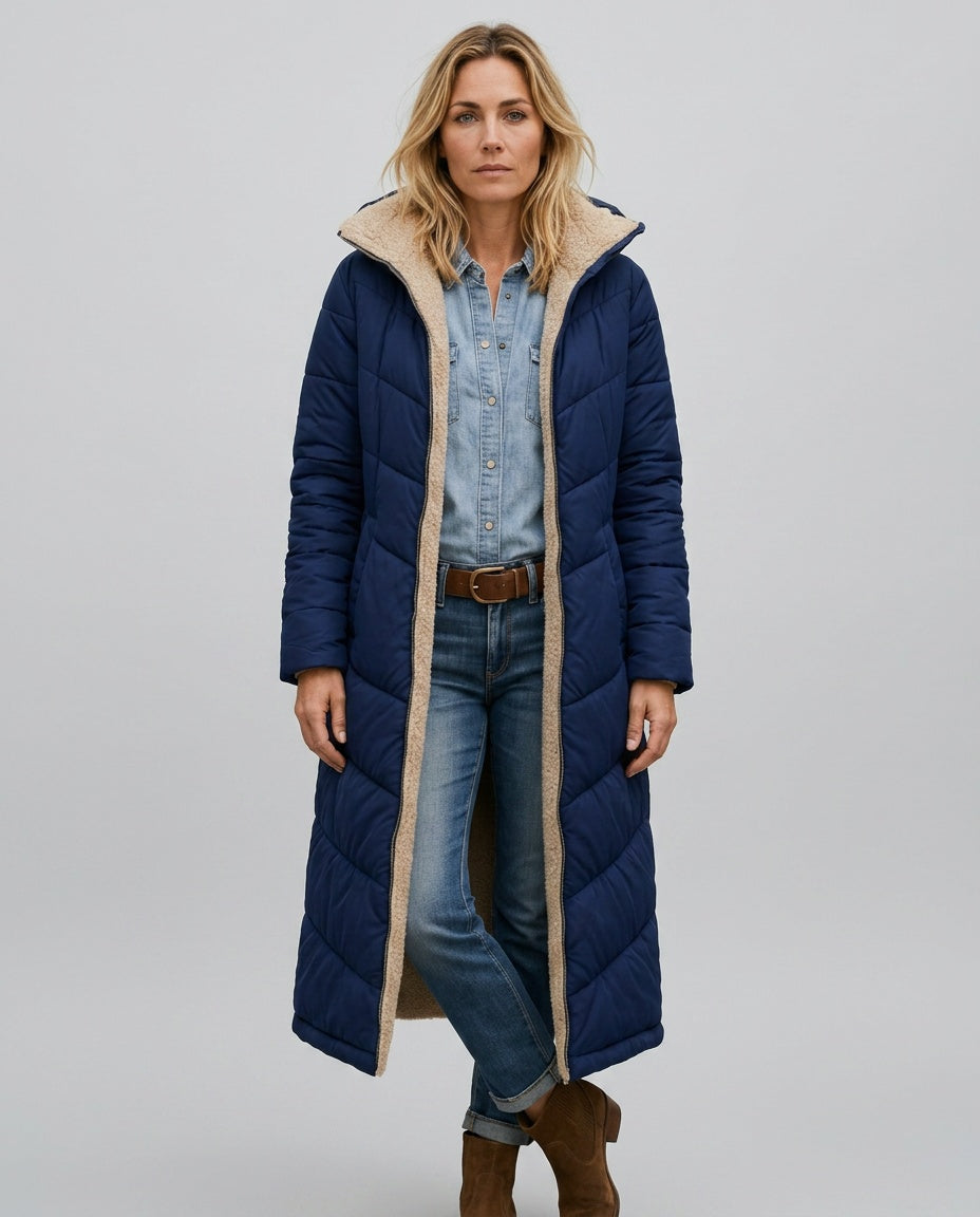 Mariana Solid Longline Open Front Woven Midi Coat - Navy