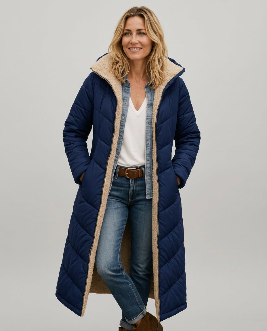 Mariana Solid Longline Open Front Woven Midi Coat - Navy