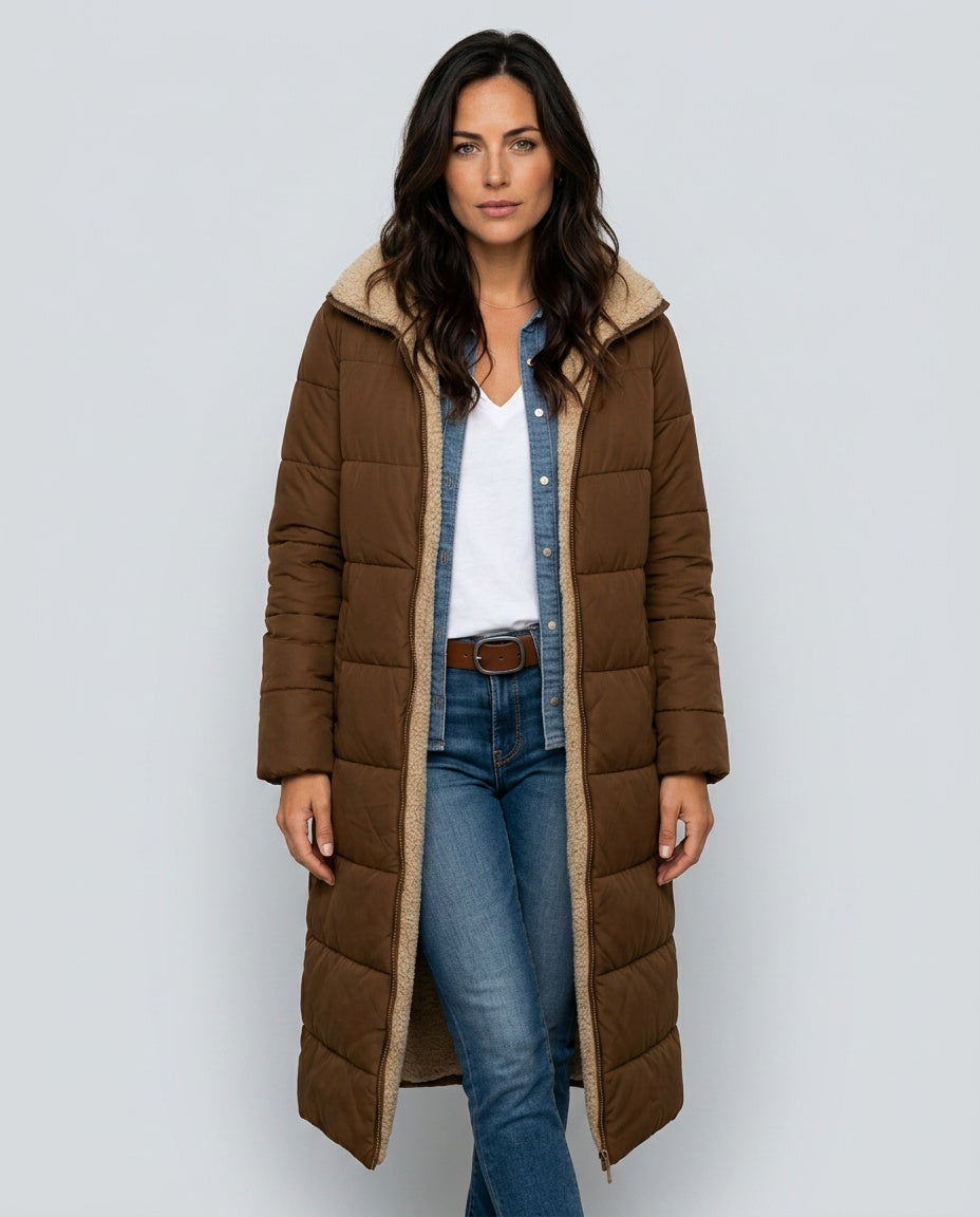 Mariana Solid Longline Open Front Woven Midi Coat - Brown