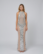 Marina Silver Sequin Allover Halter Maxi Dress - Silver