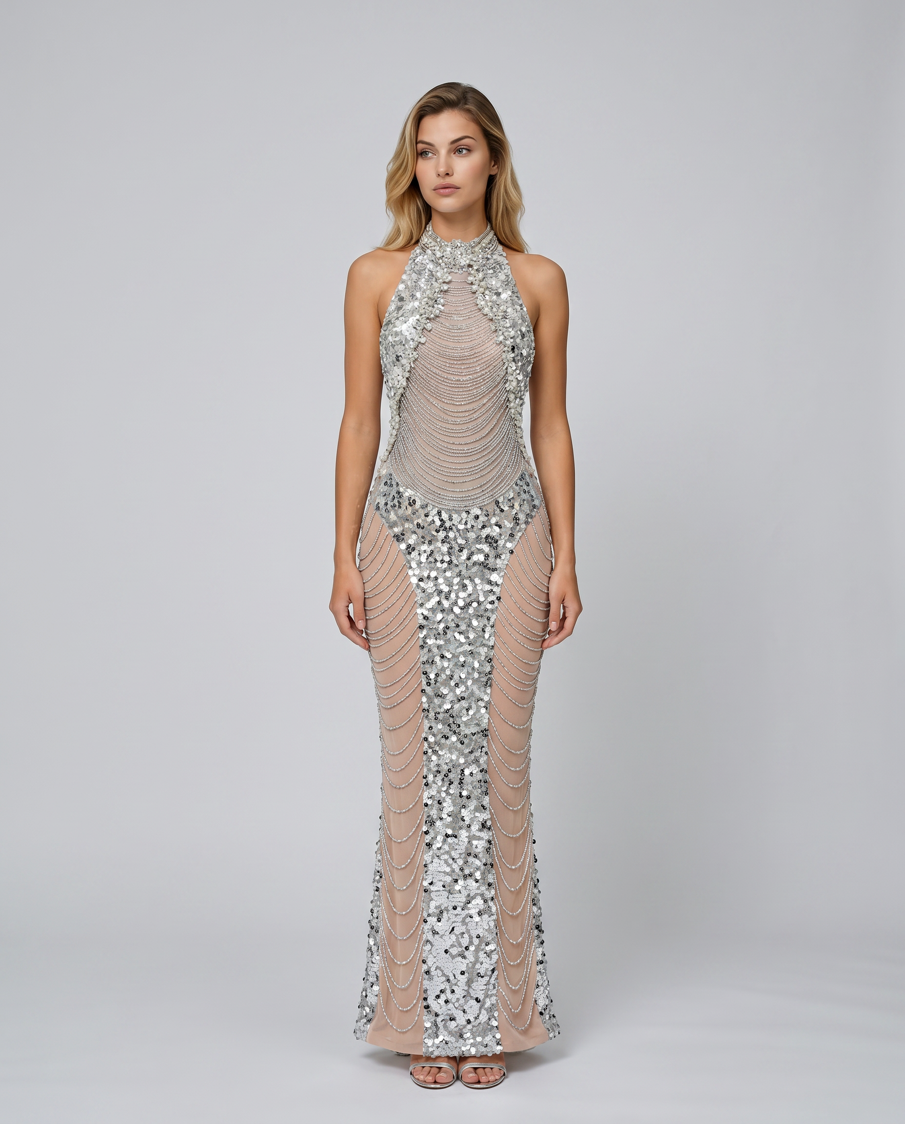 Marina Silver Sequin Allover Halter Maxi Dress - Silver