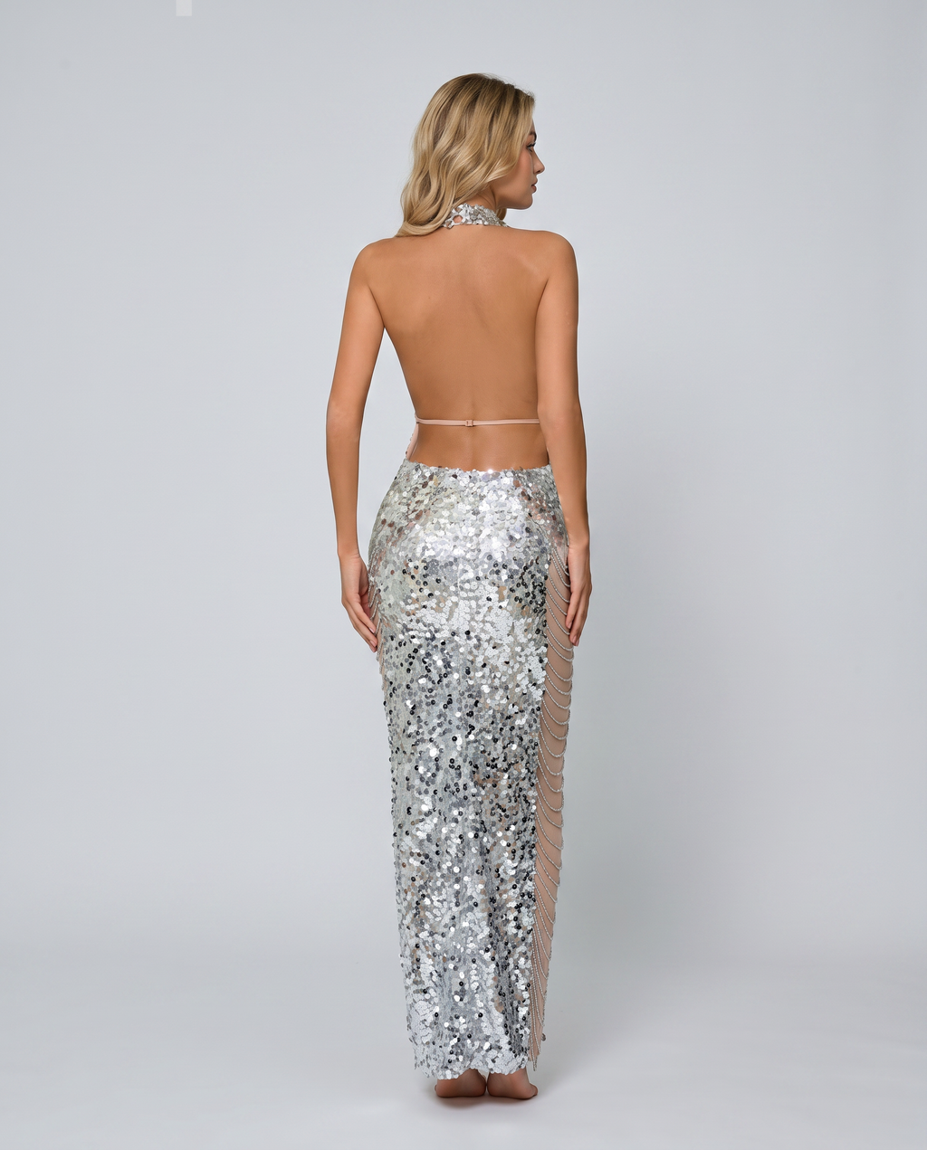 Marina Silver Sequin Allover Halter Maxi Dress - Silver
