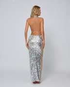 Marina Silver Sequin Allover Halter Maxi Dress - Silver