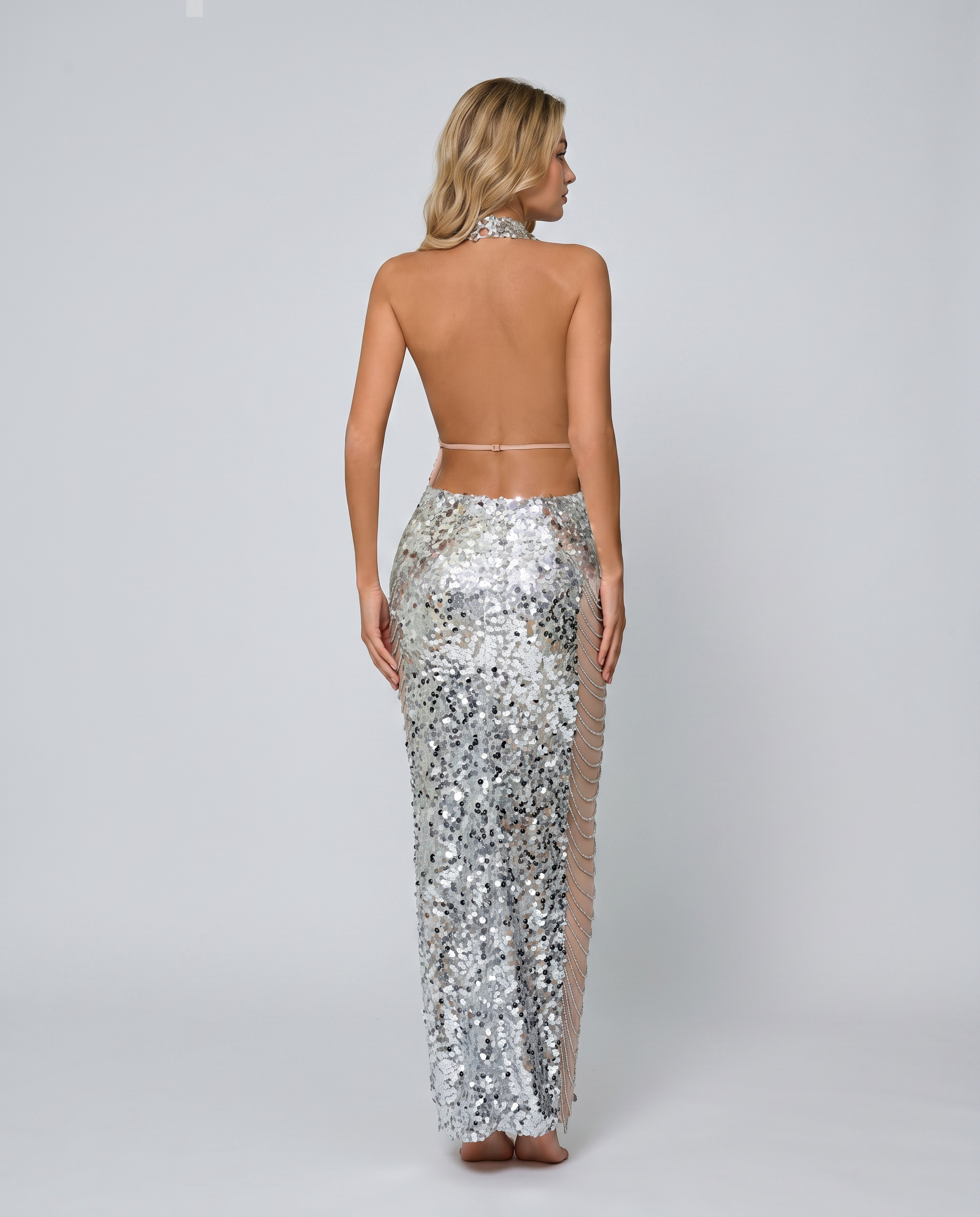 Marina Silver Sequin Allover Halter Maxi Dress - Silver