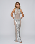Marina Silver Sequin Allover Halter Maxi Dress - Silver