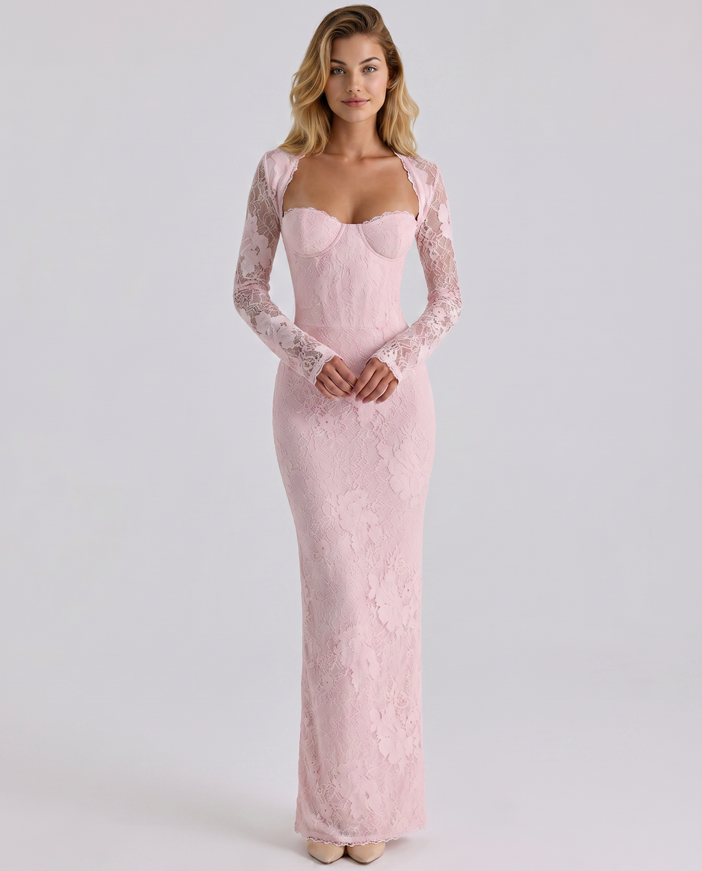 Marla Lace Overlay Sweetheart Bodycon Maxi Dress - Pink