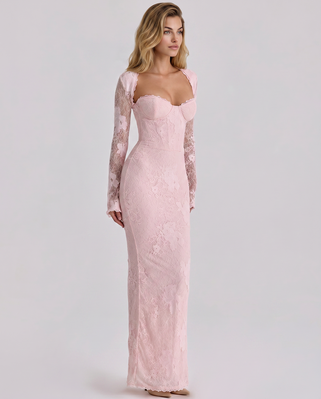 Marla Lace Overlay Sweetheart Bodycon Maxi Dress - Pink
