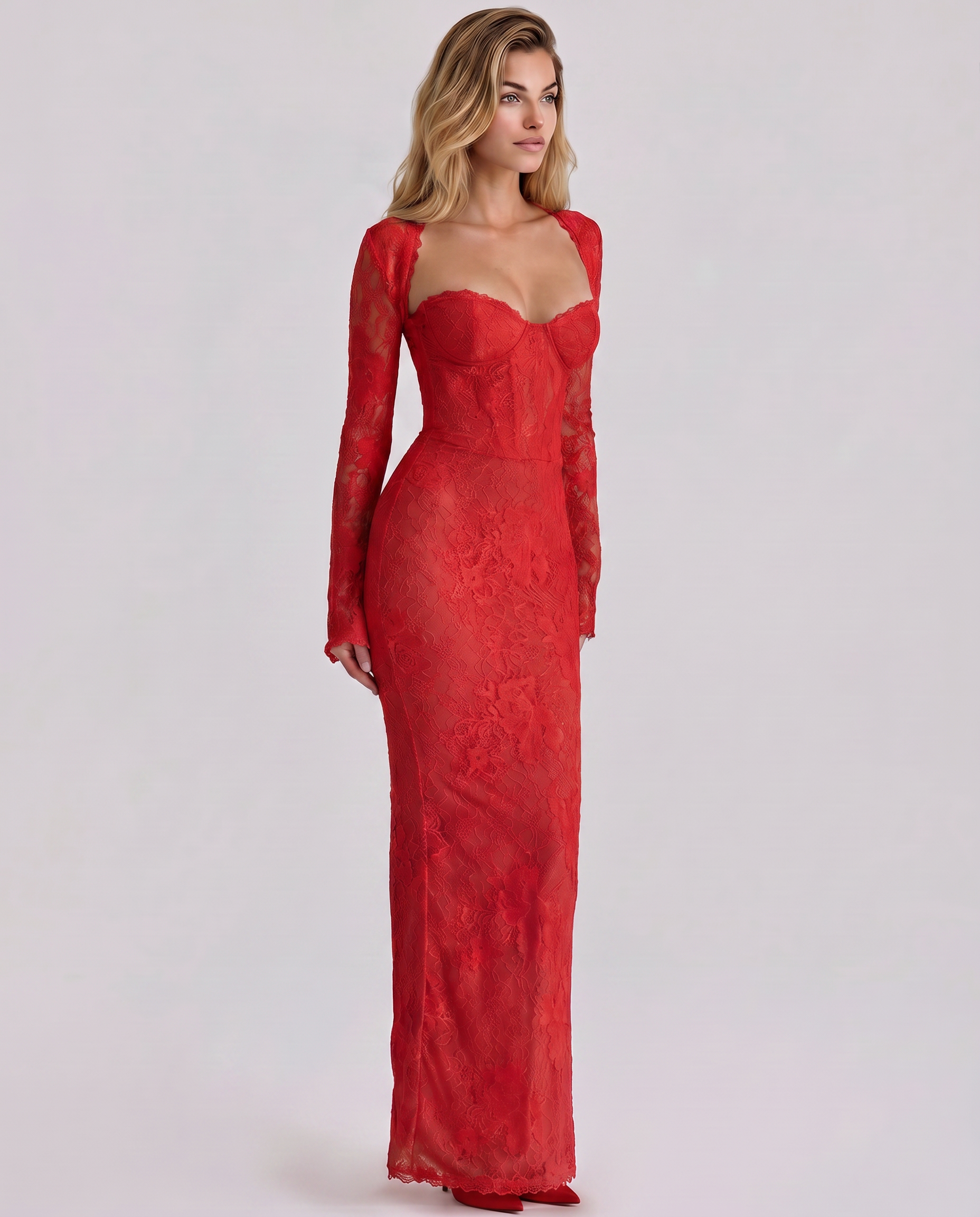 Marla Lace Overlay Sweetheart Bodycon Maxi Dress - Red