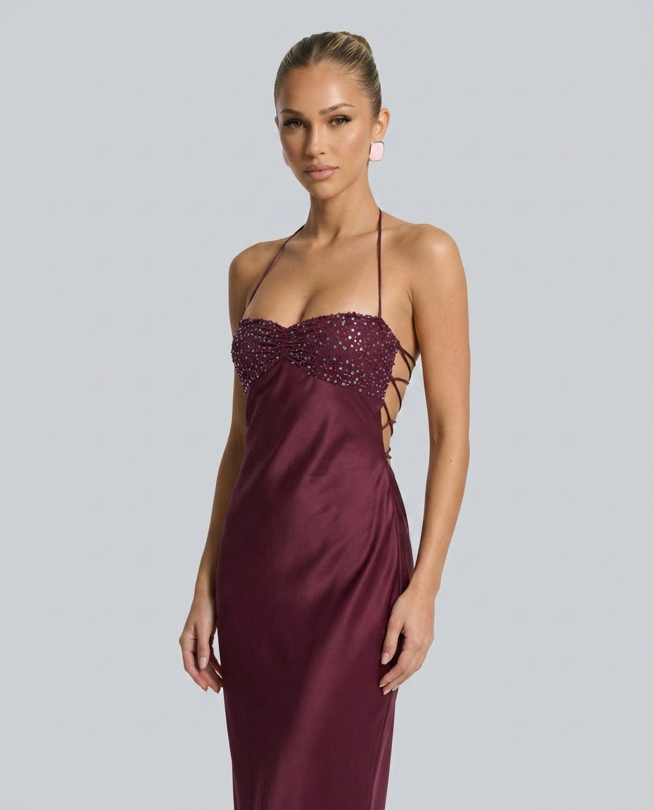 Nadia Satin Sheen Sequin Halter Ruched Maxi Dress - Burgundy