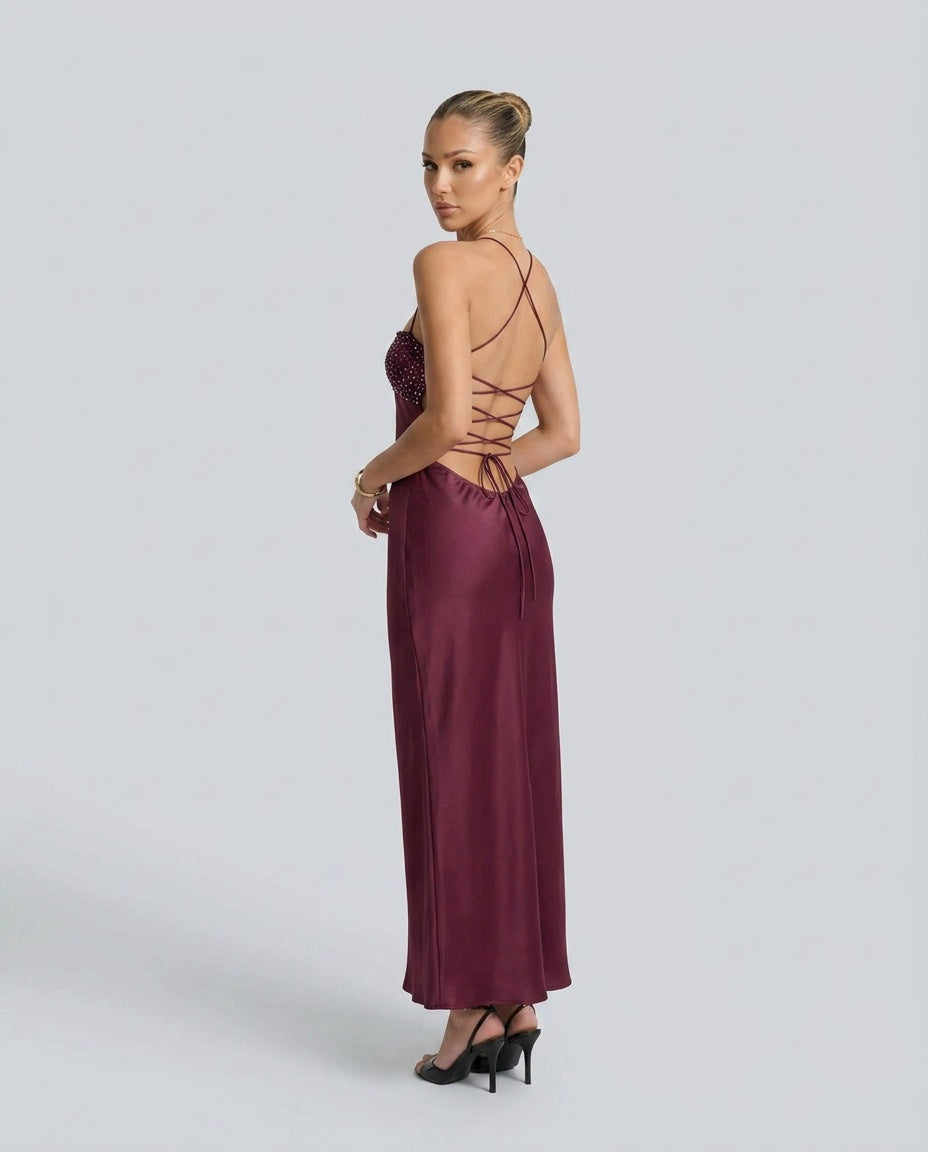 Nadia Satin Sheen Sequin Halter Ruched Maxi Dress - Burgundy