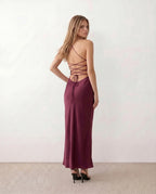 Nadia Satin Sheen Sequin Halter Ruched Maxi Dress - Burgundy
